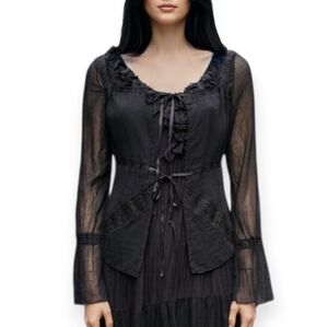 Sheer Boho Chic Blouse Black Tie-front Atos Lombardini Italy Small